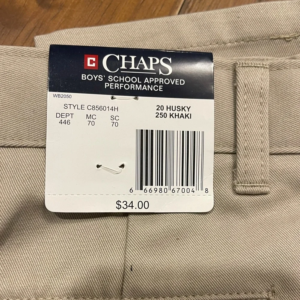 Chaps Boys’ khaki flat front size 20 Husky school approved performance p…‎